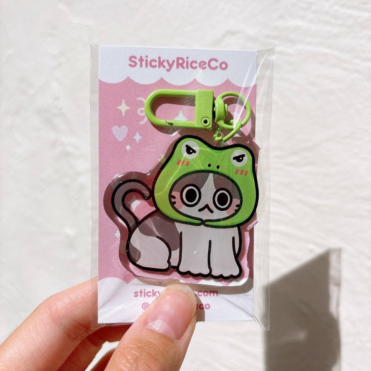 Angry Frog Hat Cat Meme Glitter Keychain