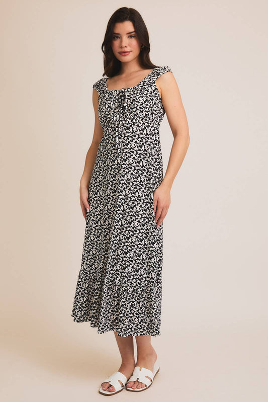 FRONT TIE CAP SLEEVE ABSTRACT PRINT DRESS: BLACK-IVORY D19977