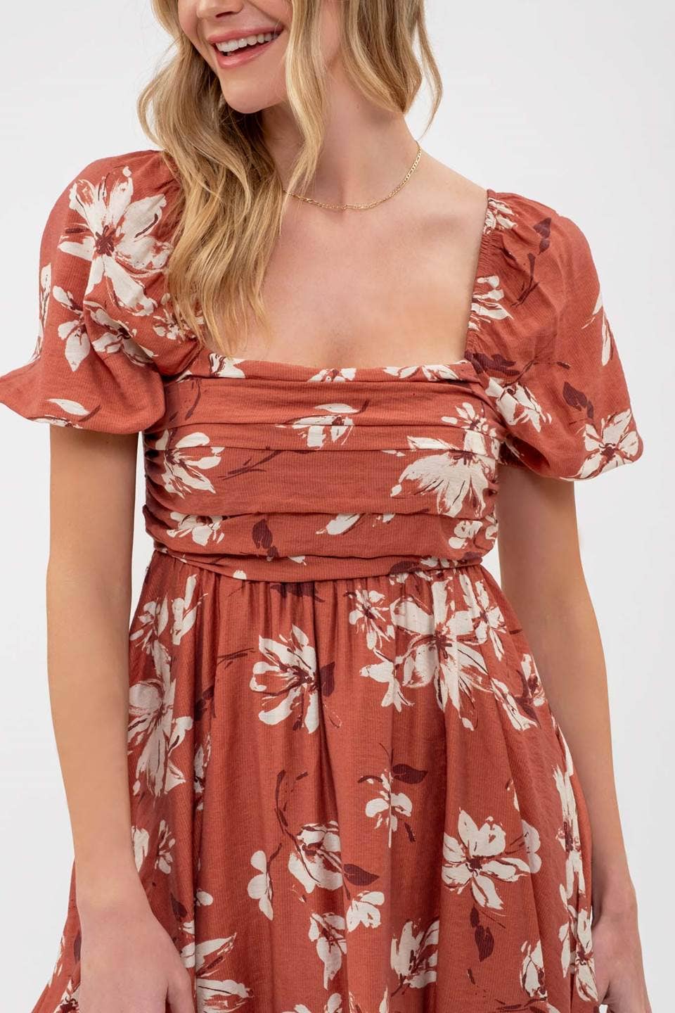 FLORAL PLEATED PUFF SLEEVE MINI DRESS: CR2212A_OLIVE