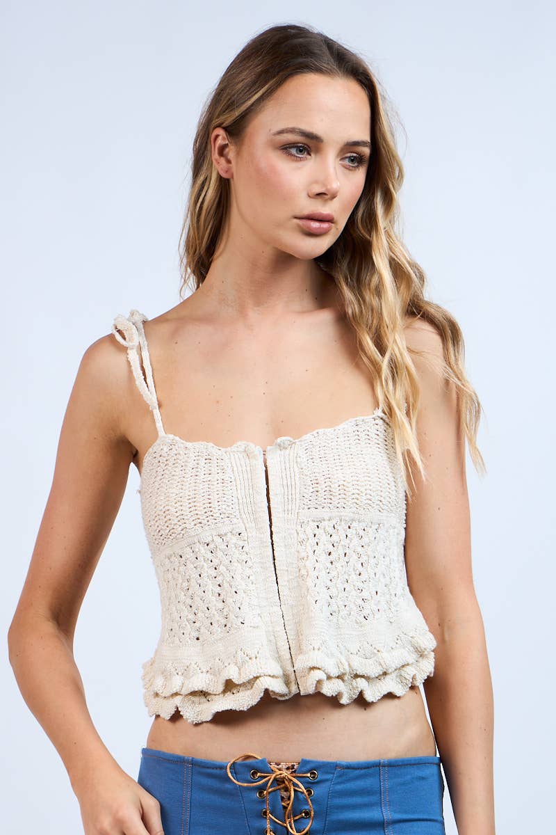 OFF-WHITE TIE STRAP KNIT LAYERED RUFFLE CROP TOP: Off-White / SM-SW70089A