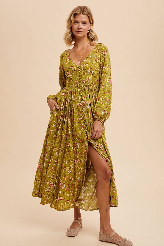 SMOCKED FLORAL MAXI DRESS : AVOCADO / ILD5844-A