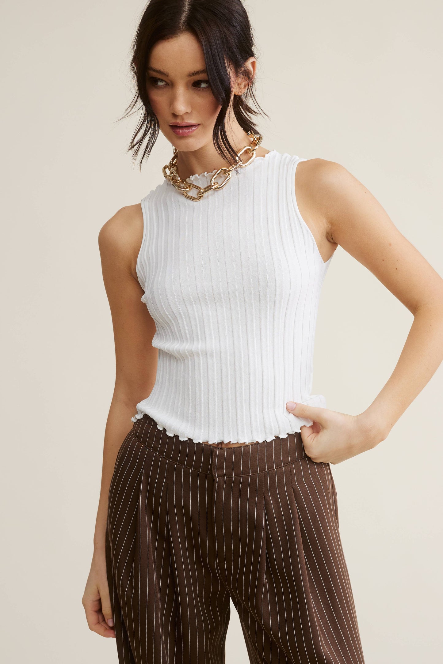 MT1620-M1 LETTUCE TRIM DETAIL RIBBED KNIT SLEEVELESS TOP: Air Force