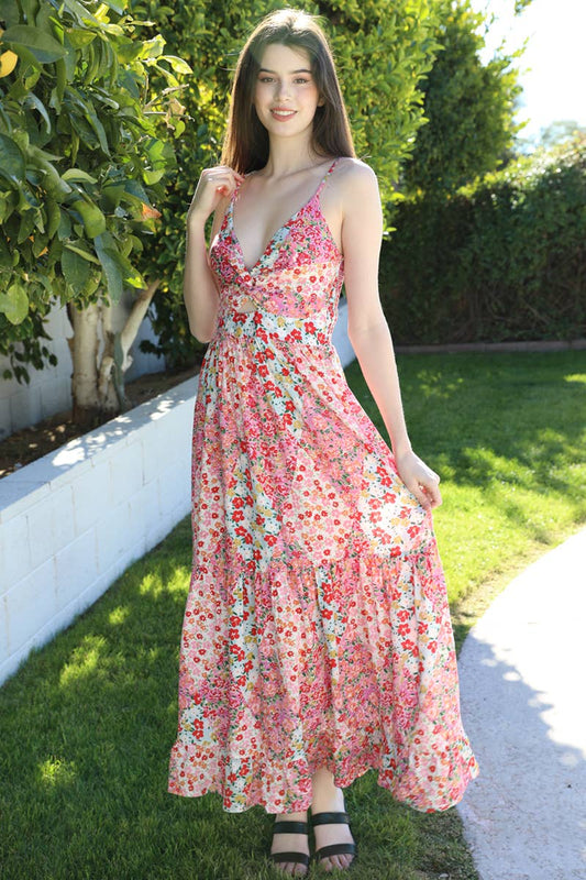 F4F50-FQ85 V NECK TWIST FRONT CUT OUT TIERED MAXI DRESS