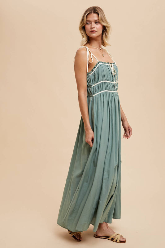 COTTON BLEND CONTRAST TRIM MAXI DRESS: EUCALYPTUS / ILD5742
