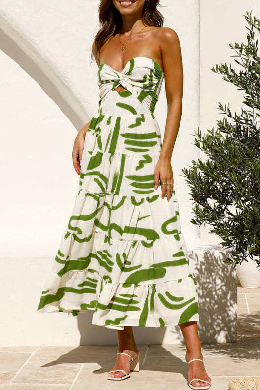 Twist front tube top swing maxi dress: Green / RCJY00395-Green