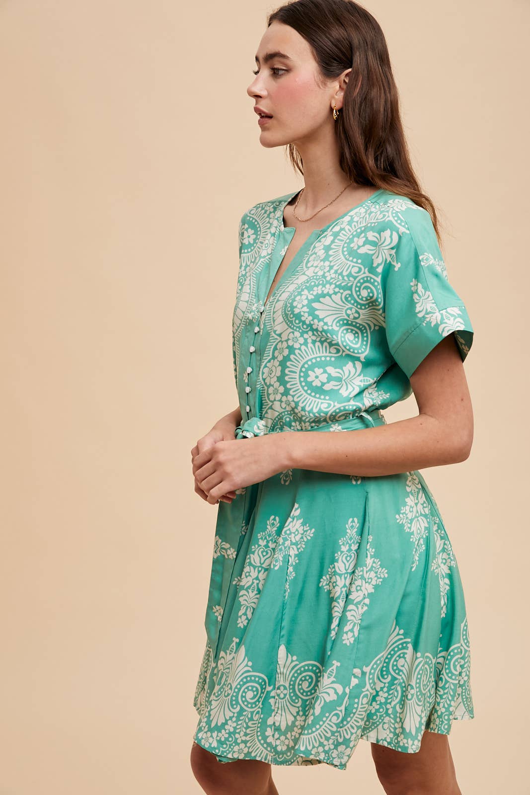 BORDER PRINT FLARED MINI DRESS: NATURAL SAND / ILD6336