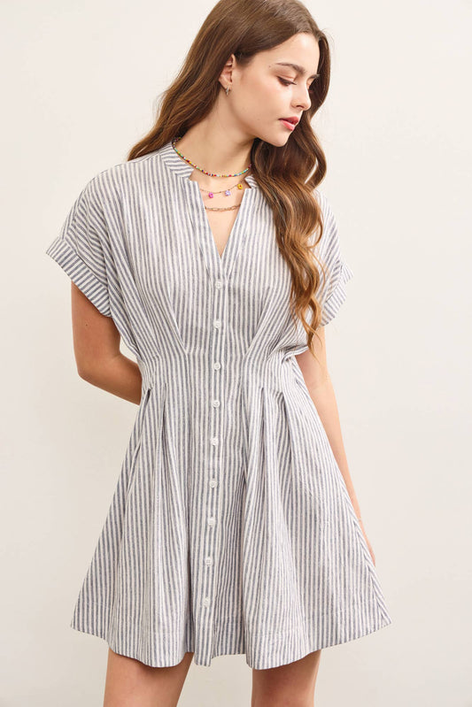 STAND UP COLLAR PLEATED WAIST FLARE DRESS: DENIM / S24577