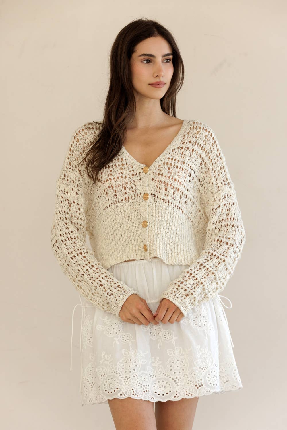 LT2402-CHIC CROCHET CARDIGAN: SAND