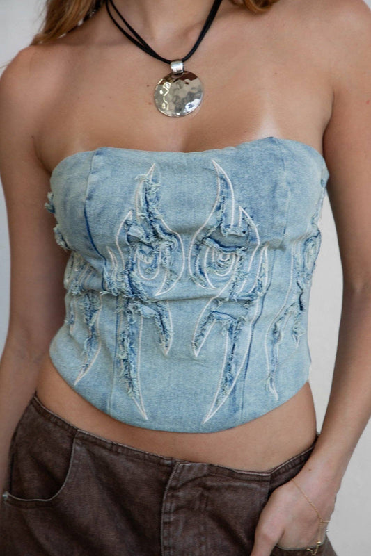 Washed Denim Bustier Corset Top  TA30549-FIERY: FADED BLUE CREAM