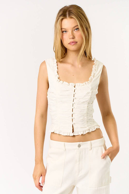 IBT33298 RUFFLE EDGE BUTTON FRONT RUCHED TANK TOP: OFF WHITE