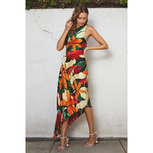 Load image into Gallery viewer, Tropical Olympia Asymmetrical Pleated Maxi Dress: RIO PARADISE
