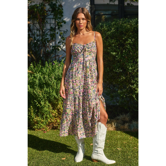 Morning Glory Corset Tie Back Dress: PINK GREEN FLORAL / FD9332-CP422