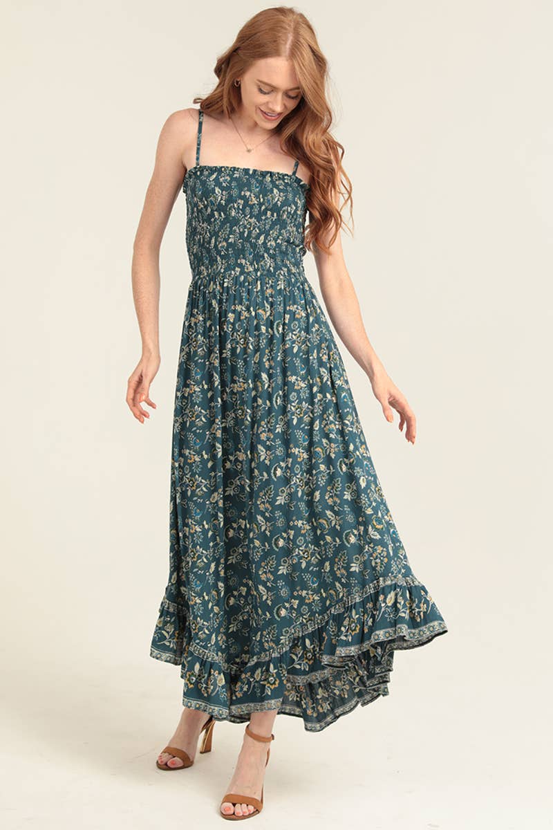 C4946-WB01 SMOCKED BODICE ANGLED HEM MAXI DRESS