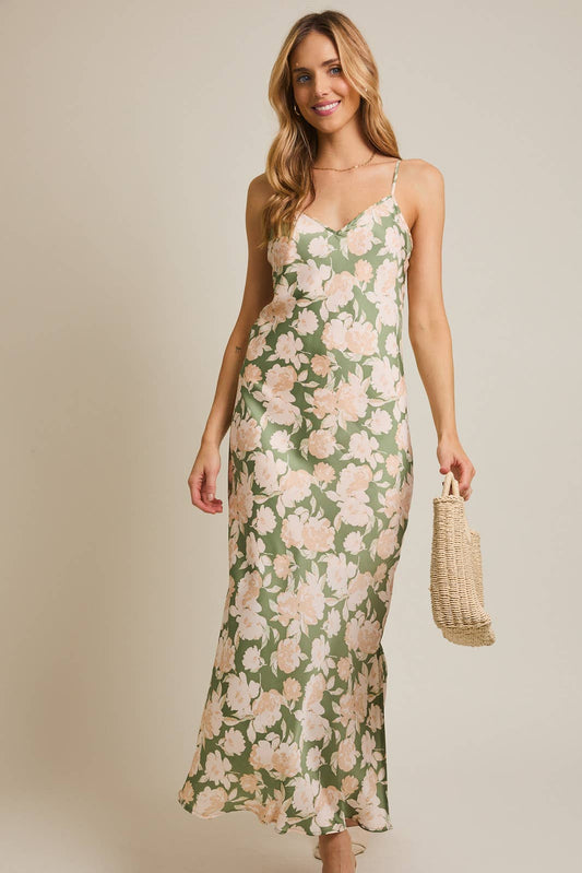 SWEETHEART NECK S.P.G STRAP FLORAL PRINT MAXI DRESS: GREEN-CREAM FLORAL / D19940