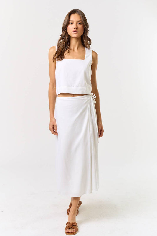 ILK4566 MIDI LENGTH WRAP SKIRT: White