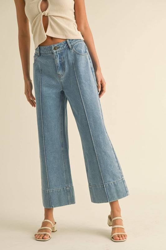 P4564   WIDE HEM DENIM PANTS: DENIM