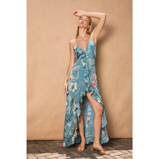 Palm Sky Asymmetrical Ruffle Maxi Dress: AMAZON BLUE / S-M-L(2-2-2)