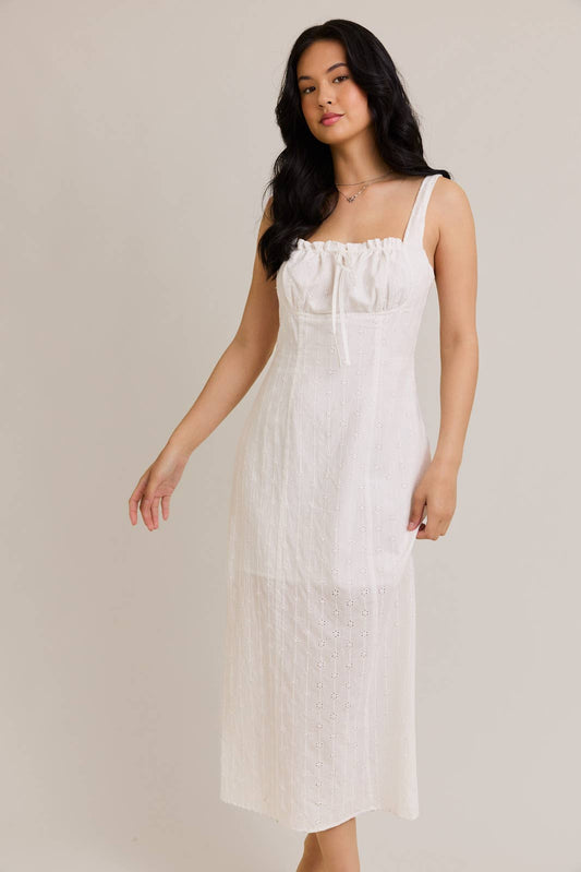 SHIRRED NECK EYELET MAXI DRESS: White