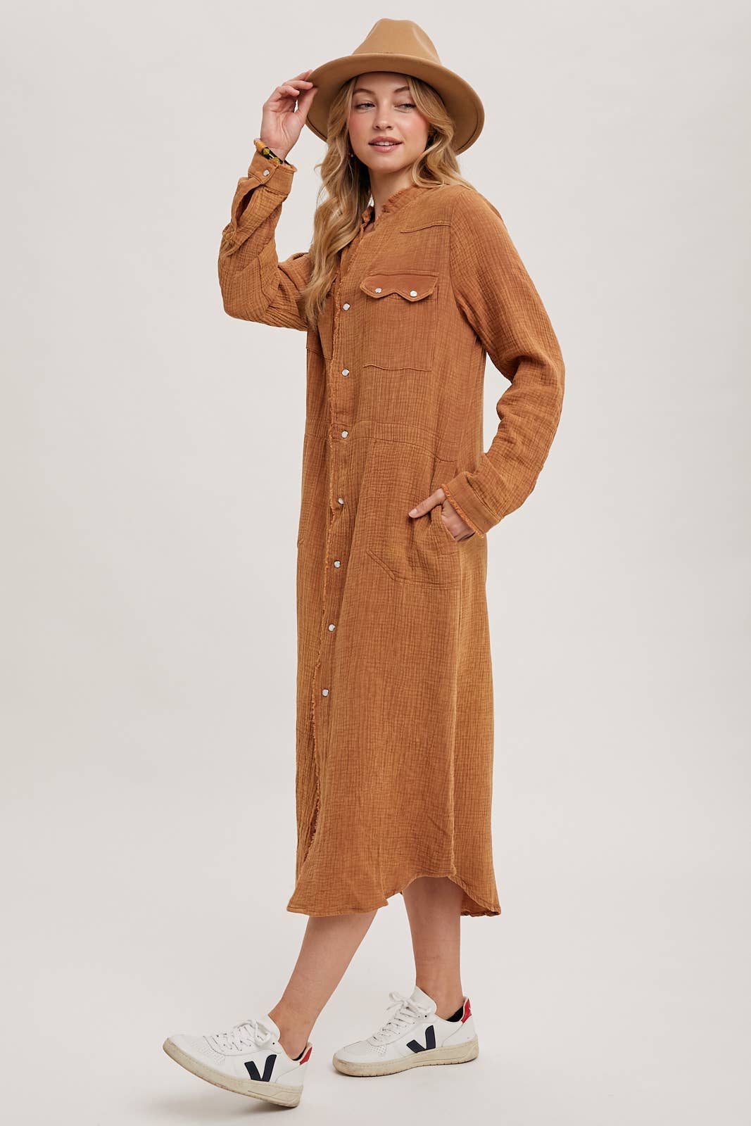 WASHED DENIM MIDI BUTTON DOWN SHIRT DRESS: ASH / D01666