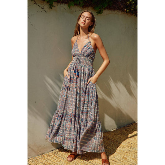 Ethnic Print Halter Open Back Maxi Dress: MOSAIC BLUE / FD10268-P394