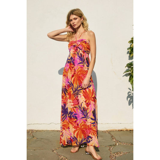 Coastal Cruising Ruched Babydoll Maxi Dress: SUNSET FRONDS / FD11400-P1998