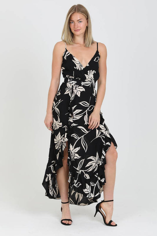 C4684-W921 V NECK RUFFLED DOUBLE SLIT MAXI DRESS