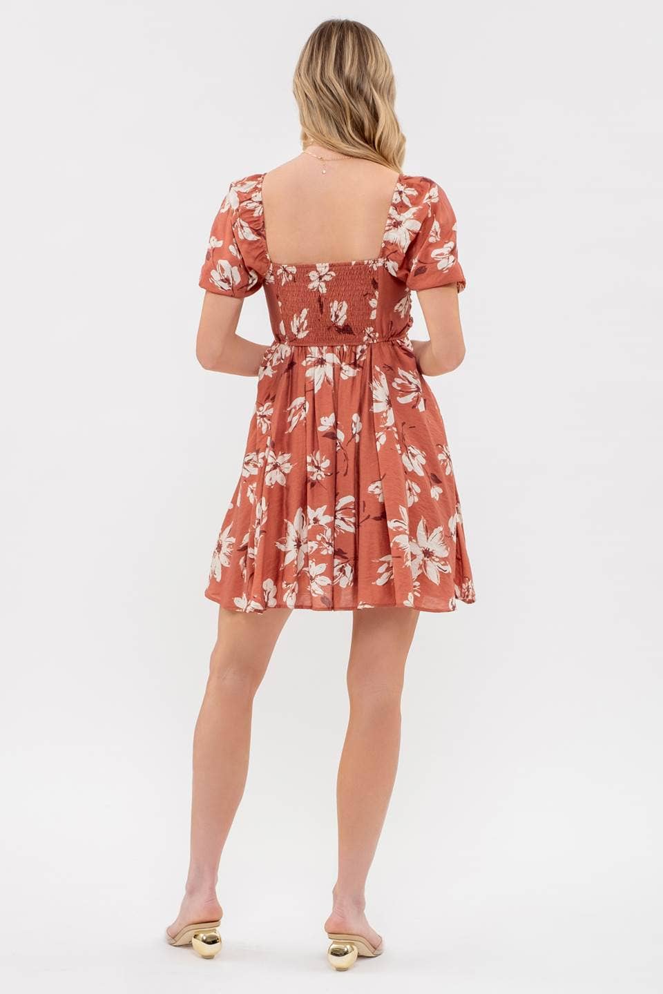 FLORAL PLEATED PUFF SLEEVE MINI DRESS: CR2212A_OLIVE