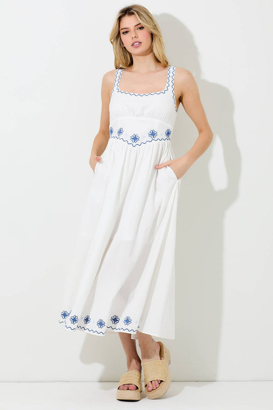 EMBROIDERED SLEEVELESS MIDI DRESS: IVORY / BD6054