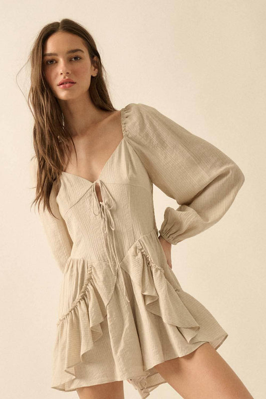 Tonal-Stripe Ruffled Tie-Front Peasant Romper: OATMEAL / NPC2301