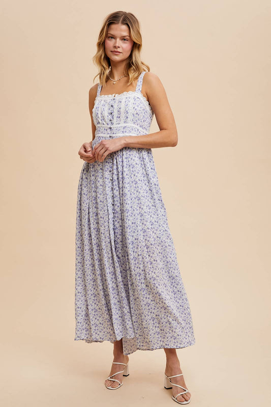 FLORAL BUTTON DOWN SLEEVELESS MAXI DRESS: FRENCH BLUE / ILD5708-1
