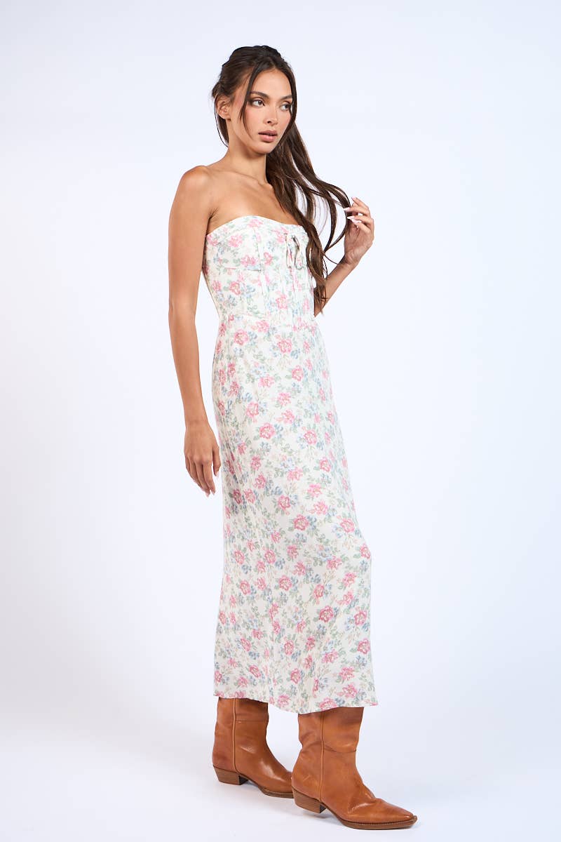 FLORAL STRAPLESS WAIST CUT OUT CORSET LONG DRESS: B/R Combo Floral / SM-D20430K