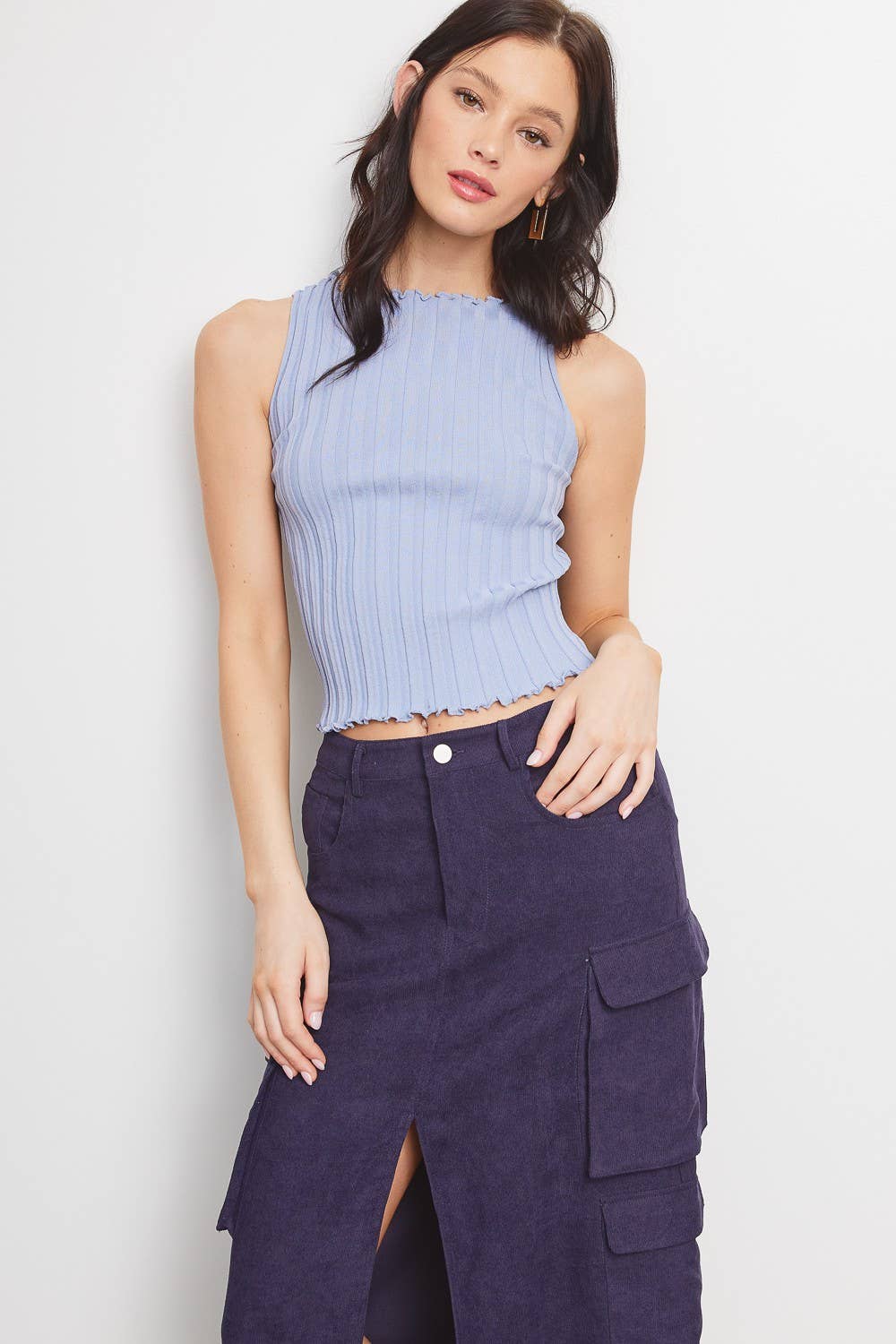 MT1620-M1 LETTUCE TRIM DETAIL RIBBED KNIT SLEEVELESS TOP: Air Force