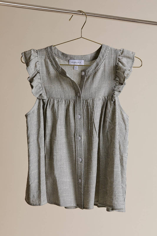 ROUND NECK BUTTON UP RUFFLE SLEEVE STRIPE TOP: IVORY-BLACK STRIPE / T11312