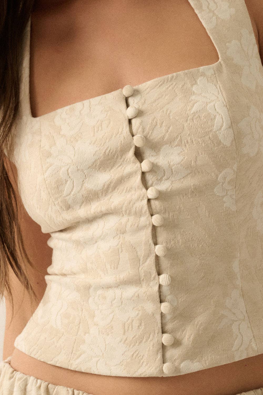 Floral Jacquard Tapestry Button-Front Corset Top: OATMEAL / UTC0545