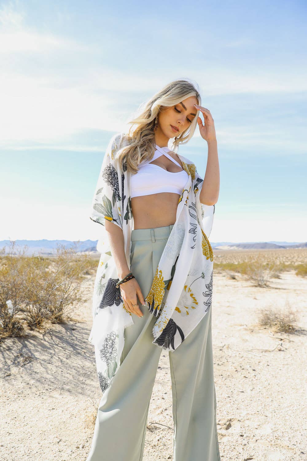 Floral Motif Combo Kimono: Taupe