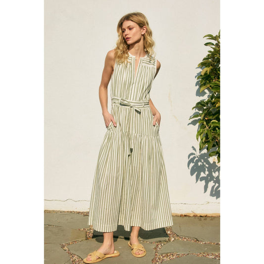 Striped Split Neck Lace Inset Maxi Dress: SAGE CREAM / FD12683-CP508