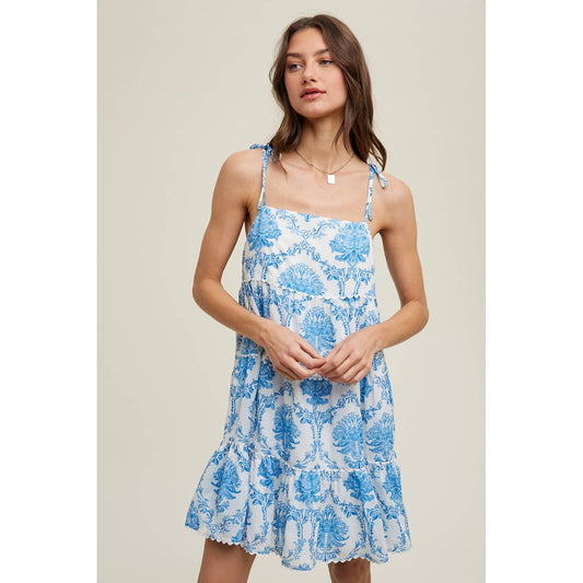 IKAT MINI DRESS WITH SELF TIE SHOULDER STRAPS / WL23-8193: IVORY/BLUE