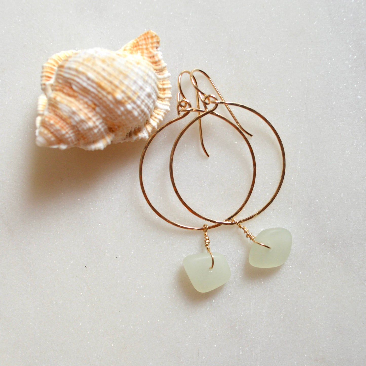 Opaque Sea Foam Glass Hoops: Gold Filled