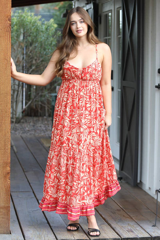 C4A27-A876 SPAGHETTI STRAP RACER BACK MAXI DRESS: Red