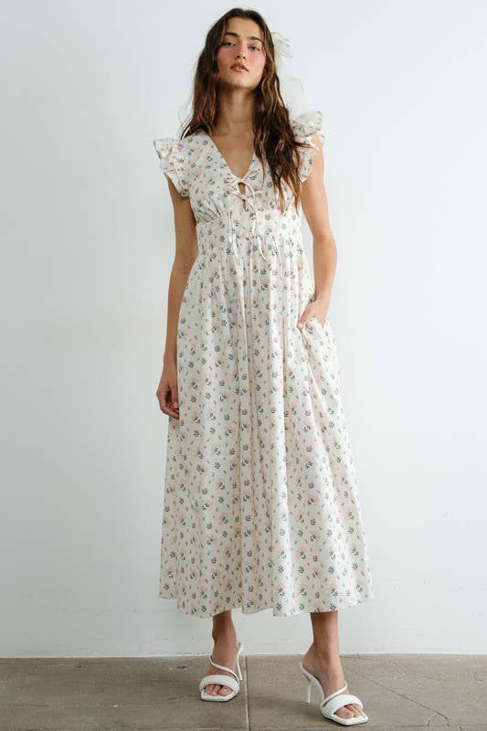 Floral Tie Front Ruffle Fluted Sleeve Maxi Dress
: Cream SD2260RESTOCK