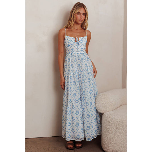 FRONT TIE FLORAL MAXI DRESS: BLUE / SR1015J05