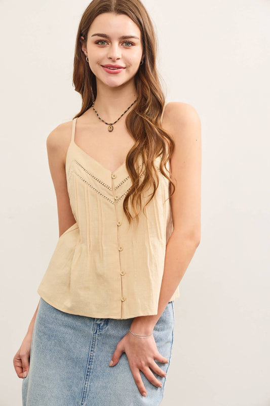 BUTTON CLOSURE V NECK PINTUCK CAMI TOP: Beige / S24340
