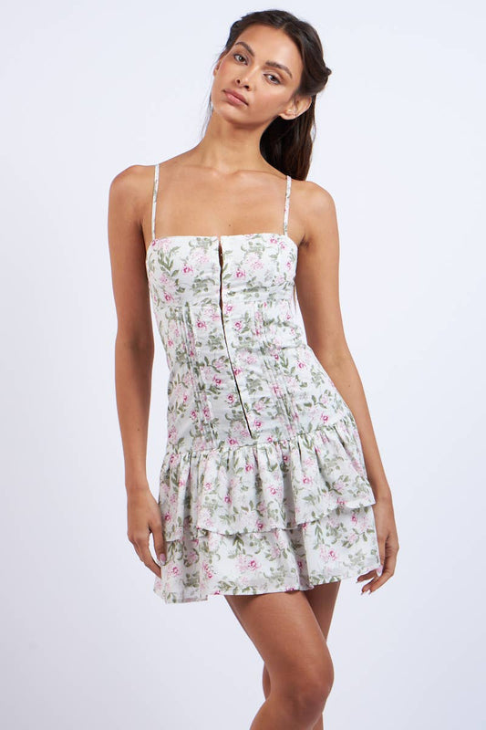 MINT-PINK FLORAL HOOK&EYES LAYERED MINI DRESS: Mint Pink Floral / SM-D20748E