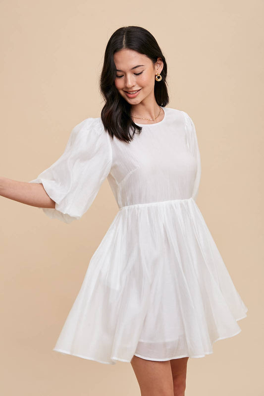 TENCEL BLEND PUFF SLEEVE MINI DRESS: ILD5681 / OFF WHITE