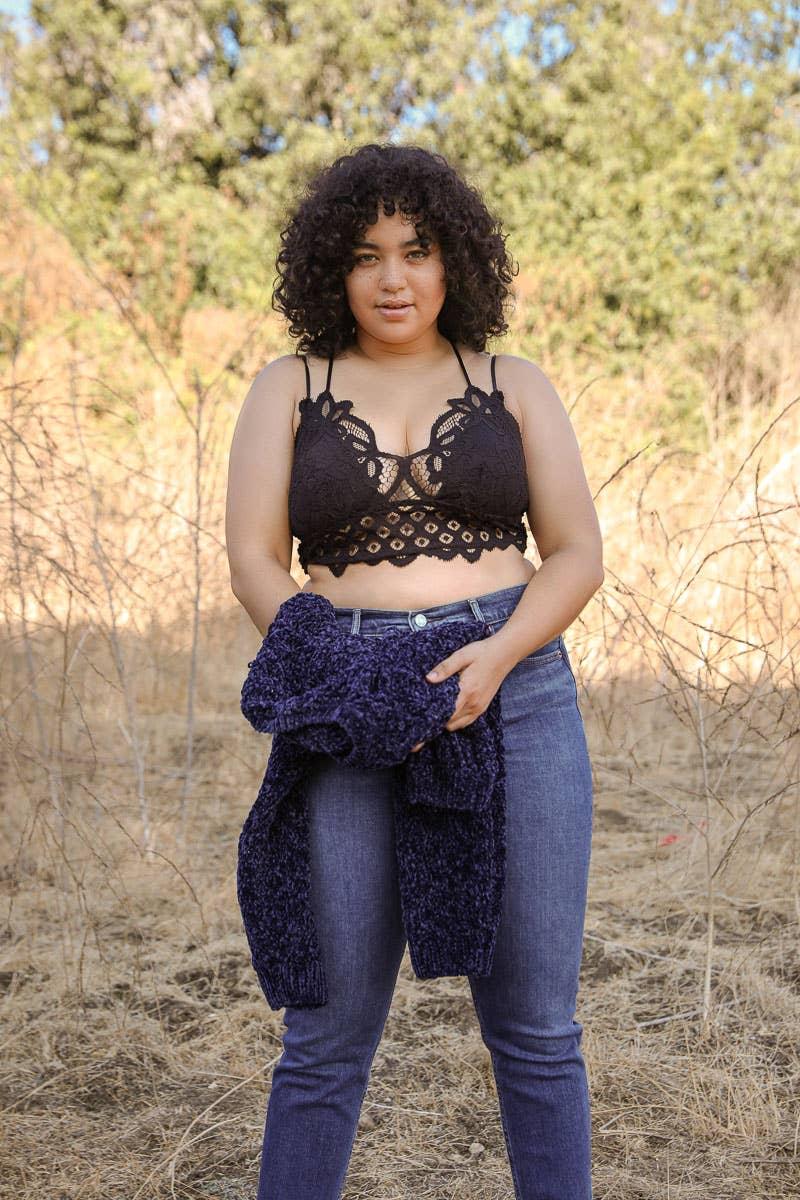 X-Large Padded Crochet Lace Longline Bralette: Gray XL