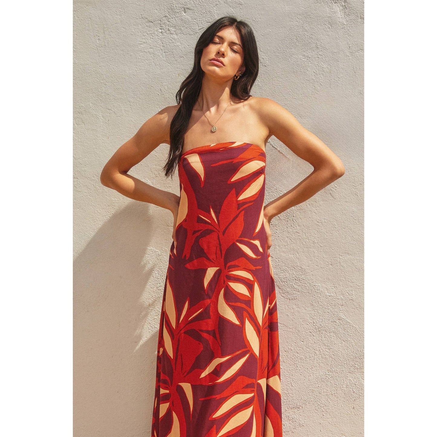 Keep In Touch Strapless Drape Back Maxi Dress: ZINFANDEL / S-M-L(2-2-2)