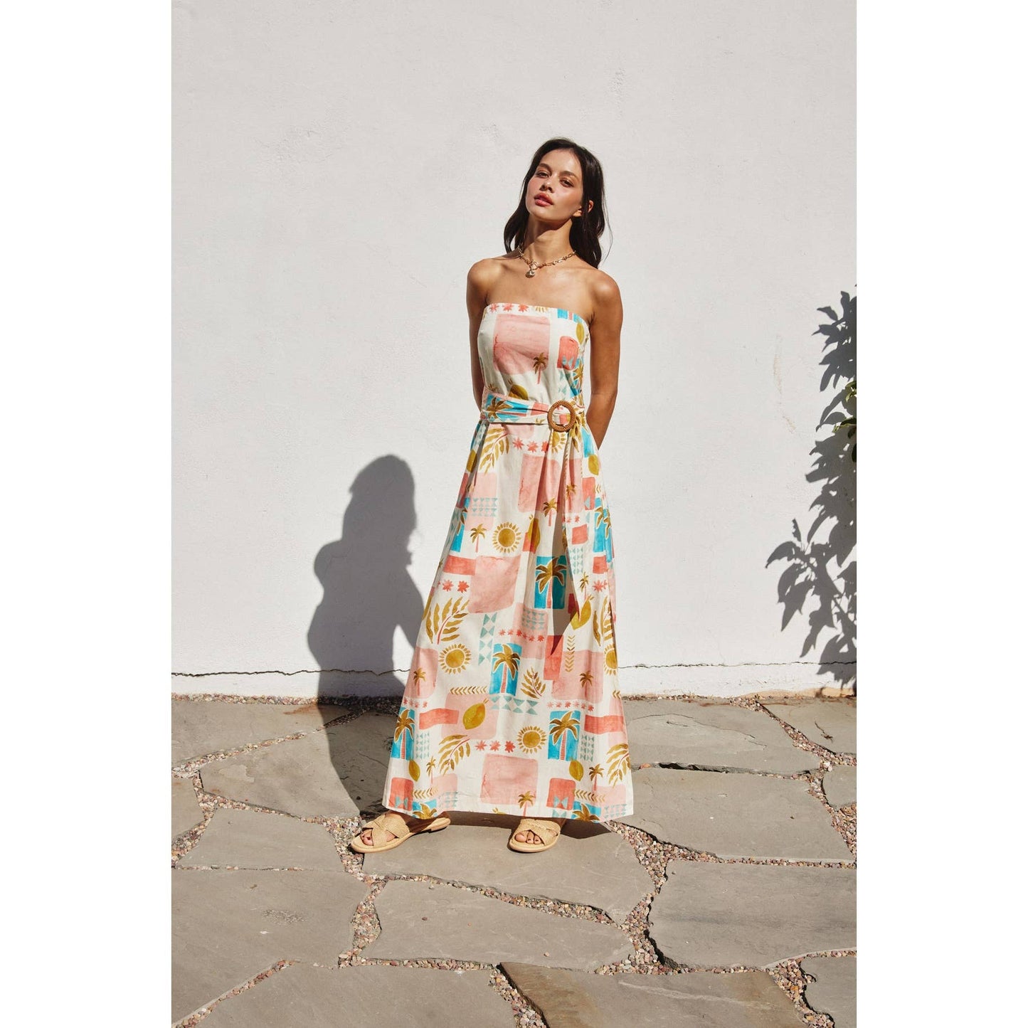 Moroccan Spring Rattan Belt Strapless Maxi Dress: AMALFI COAST / FD12672-P1900