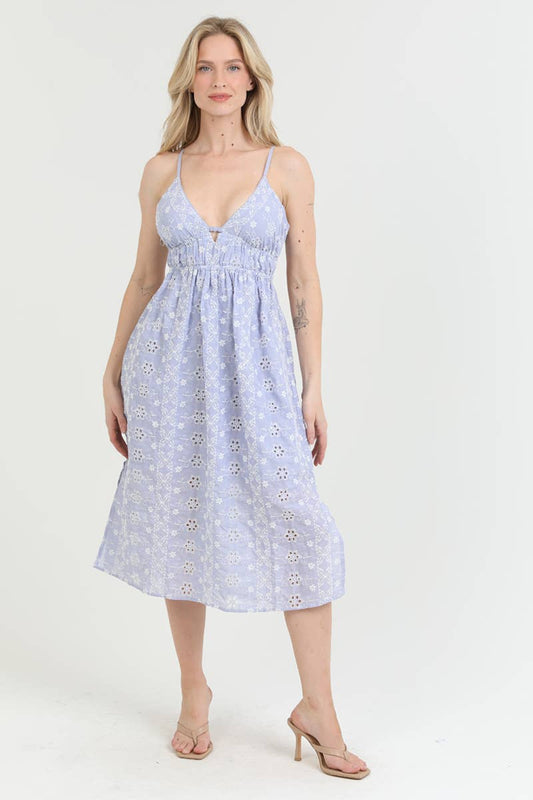 C4F92-EM26 EYELET EMBBROIDERED TIE BACK MIDI DRESS