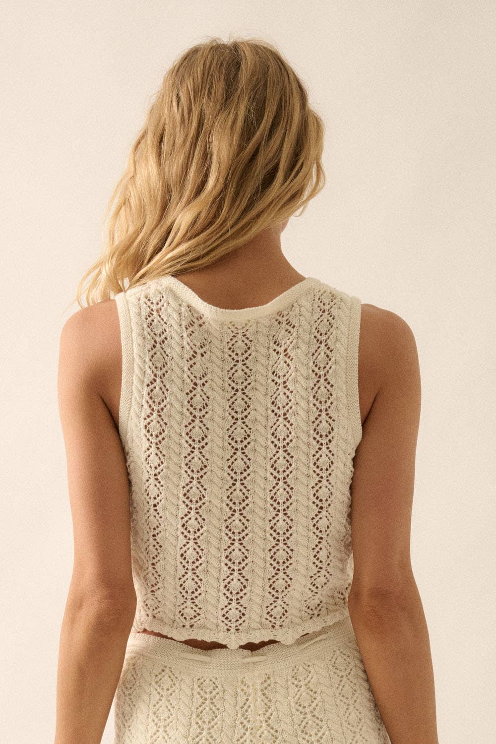 Pointelle Crochet-Knit Tie-Front Tank Top: CREAM / UTB0556