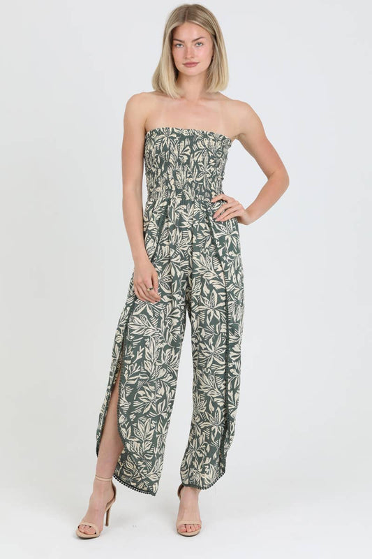 B5959-A876 SMOCKED BODICE STRAPLESS WRAP LEG JUMPSUIT